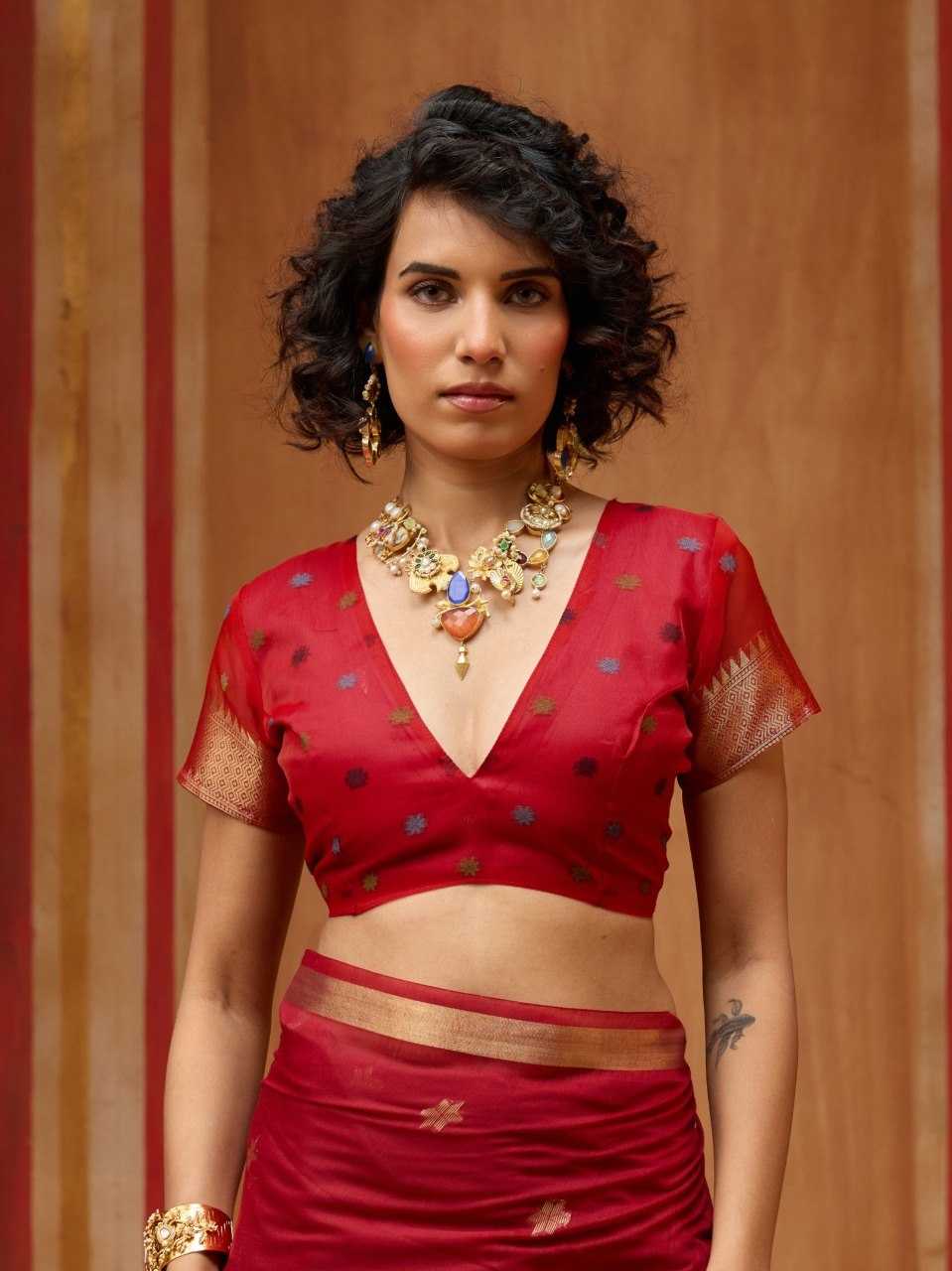 Red Handloom Silk Saree with Organza Pallu & Woven Design - House of ViDi
