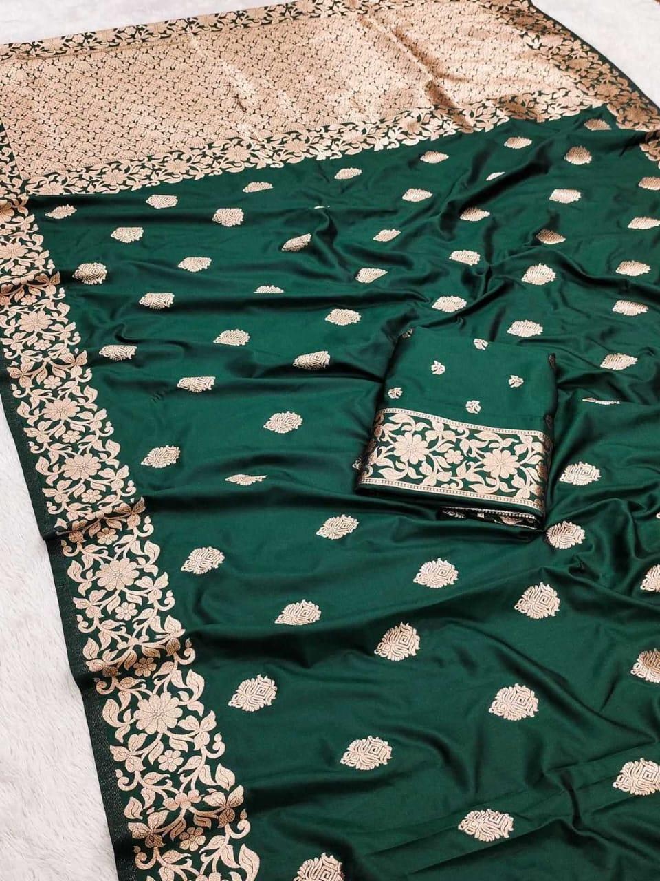 Dark Green Soft Silk Saree with Rich Pallu & All-Over Butta | Pure Katan Look | Traditional Designer Silk Saree - House of ViDi