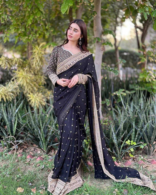 Black Designer Tabby Silk Saree with Sequins & Thread Work | Unstitched Blouse | House of ViDi
