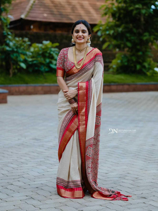 Elegant Bandhani Silk Saree with Zari Border – Durga Pooja Special Ajrakh Gold Collection [Cream] - House of ViDi