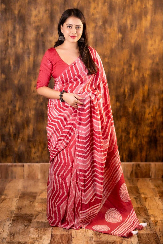 Pink Chanderi Cotton Bagru Batik Printed Saree with Zig Zag Motifs & Tassel Pallu | House of ViDi