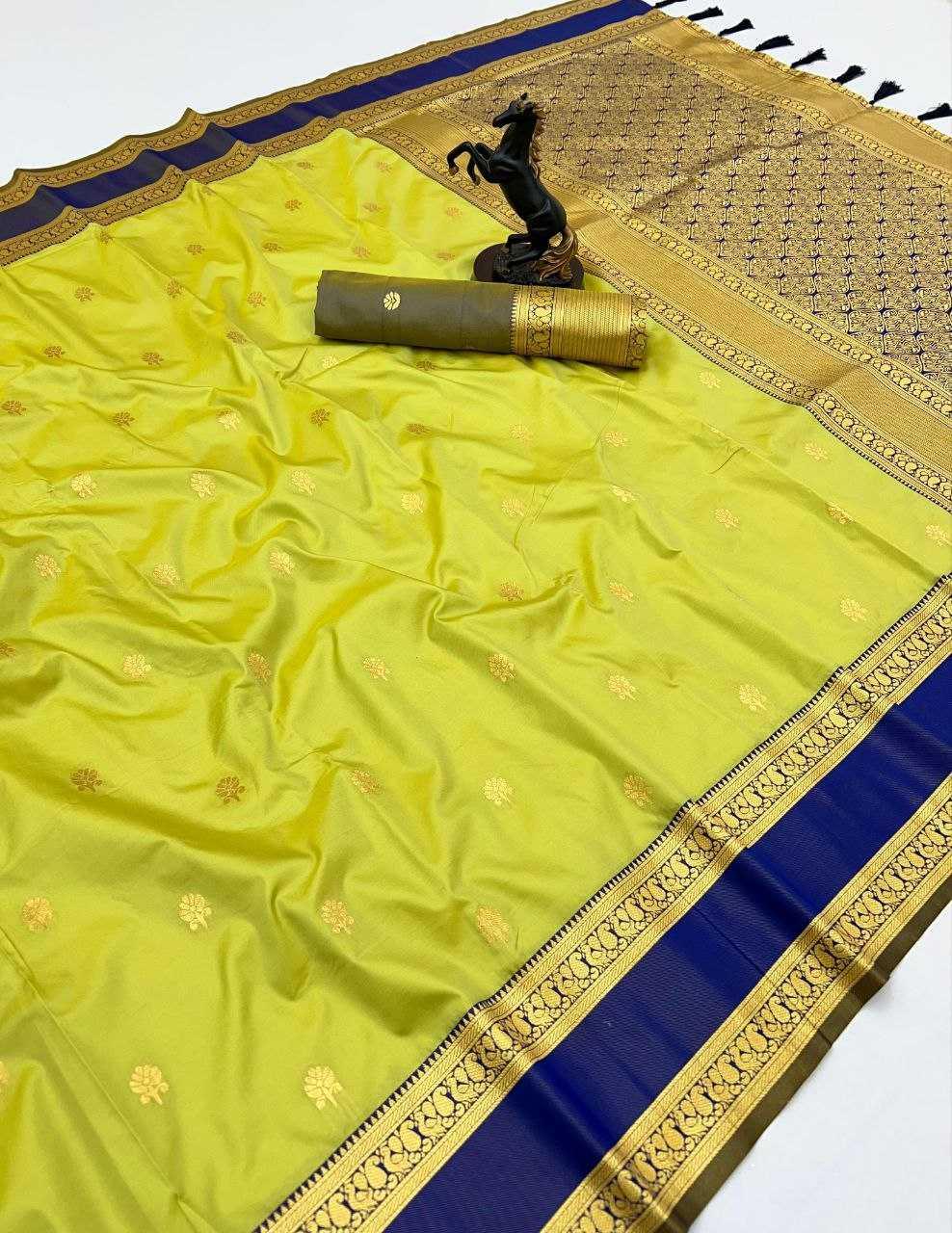 Lemon Premium Soft Silk Kanjeevaram Saree with Dual Zari Butta, Rich Woven Pallu & Designer Silk Blouse - House of ViDi