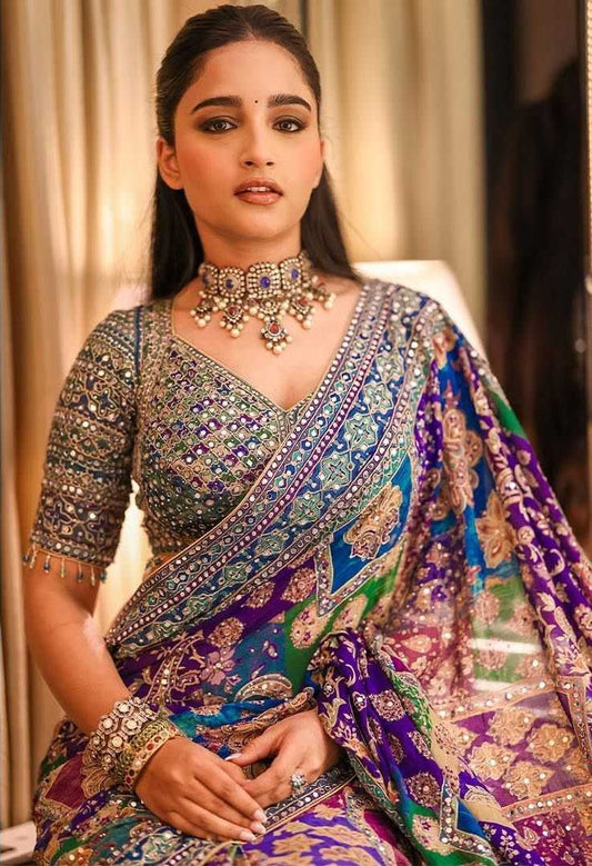 Designer Chinon Silk Mirror Work Saree | Navratri Special Printed Silk Saree with Digital Print & Blouse