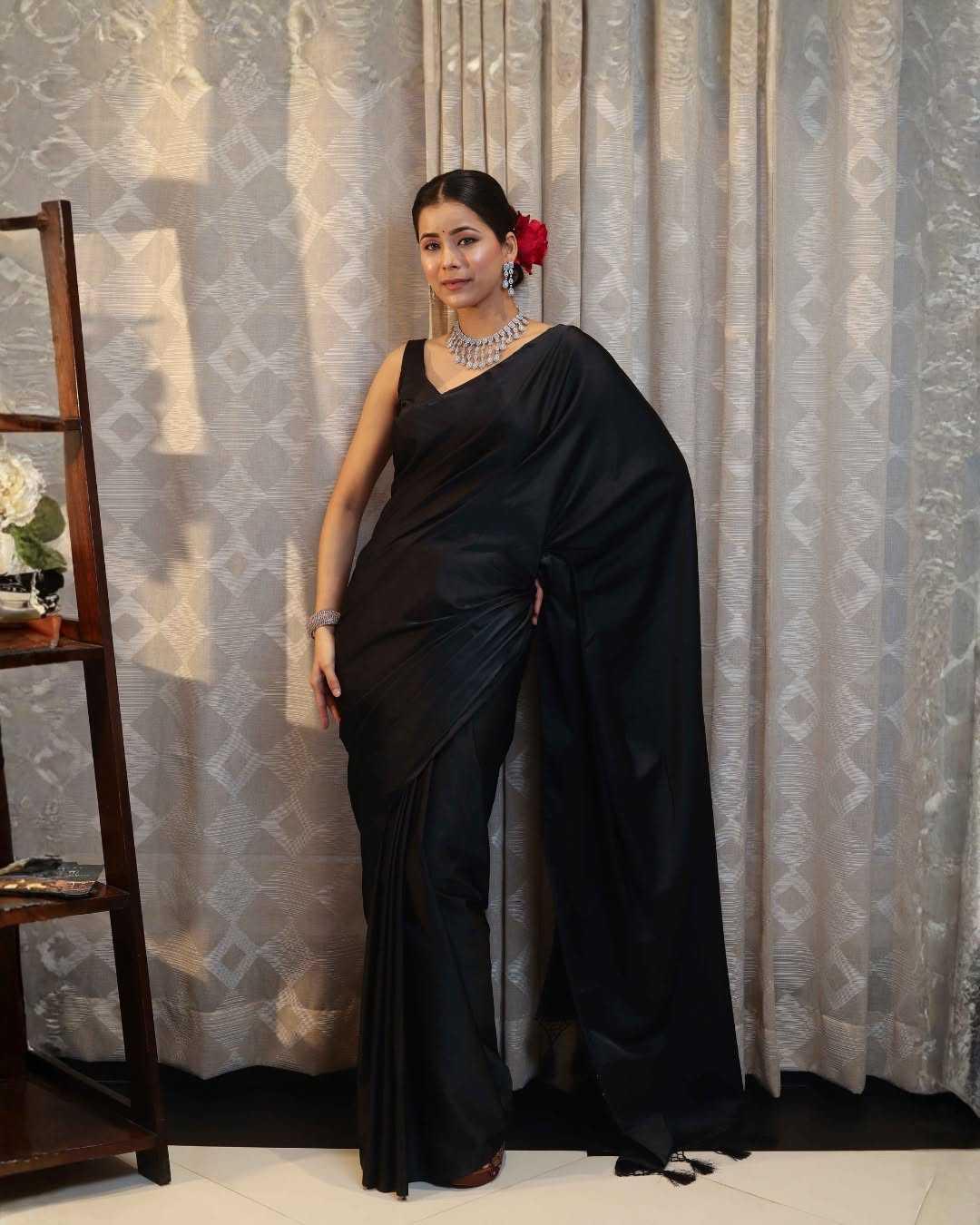 Black Premium Party Wear Crepe Silk Saree with Matching Blouse - House of ViDi