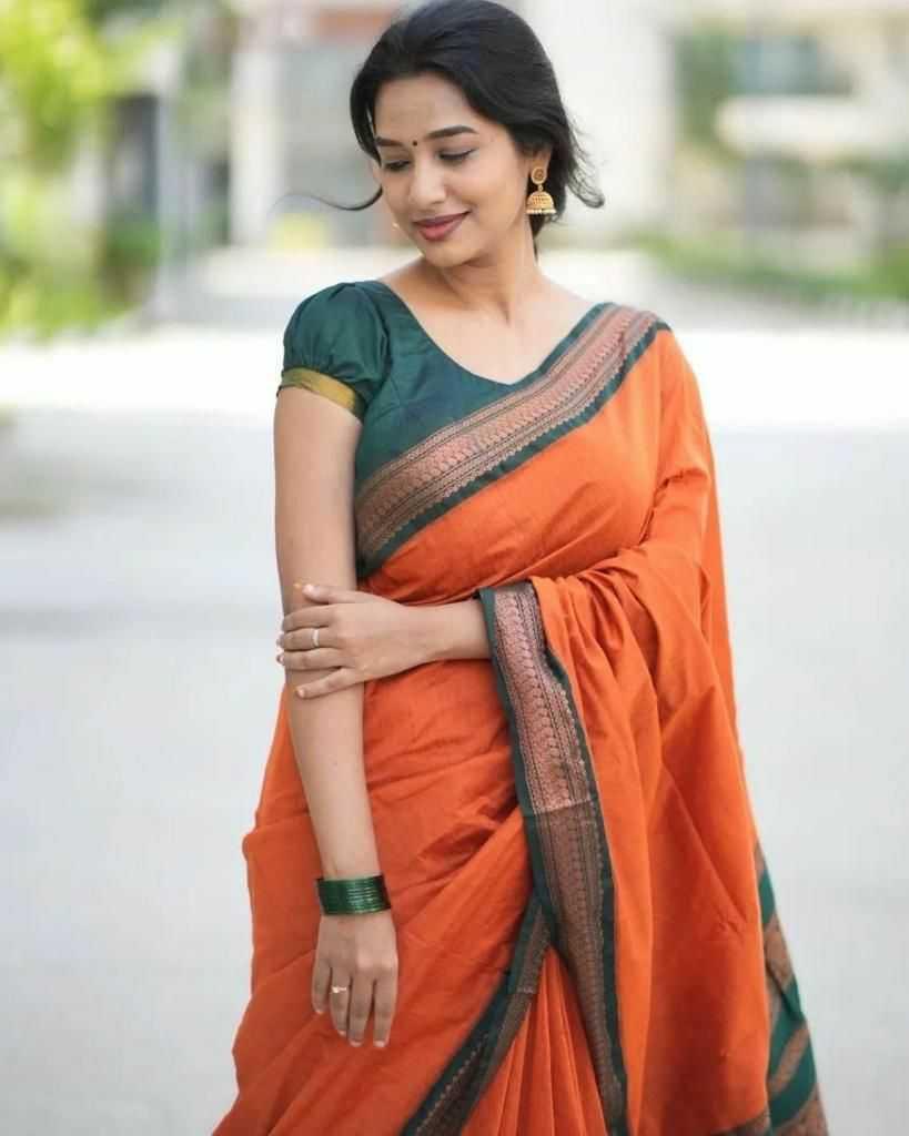 Orange Soft Lichi Silk Saree with Rich Pallu & All-Over Jacquard Weaving | Designer Traditional Silk Saree - House of ViDi