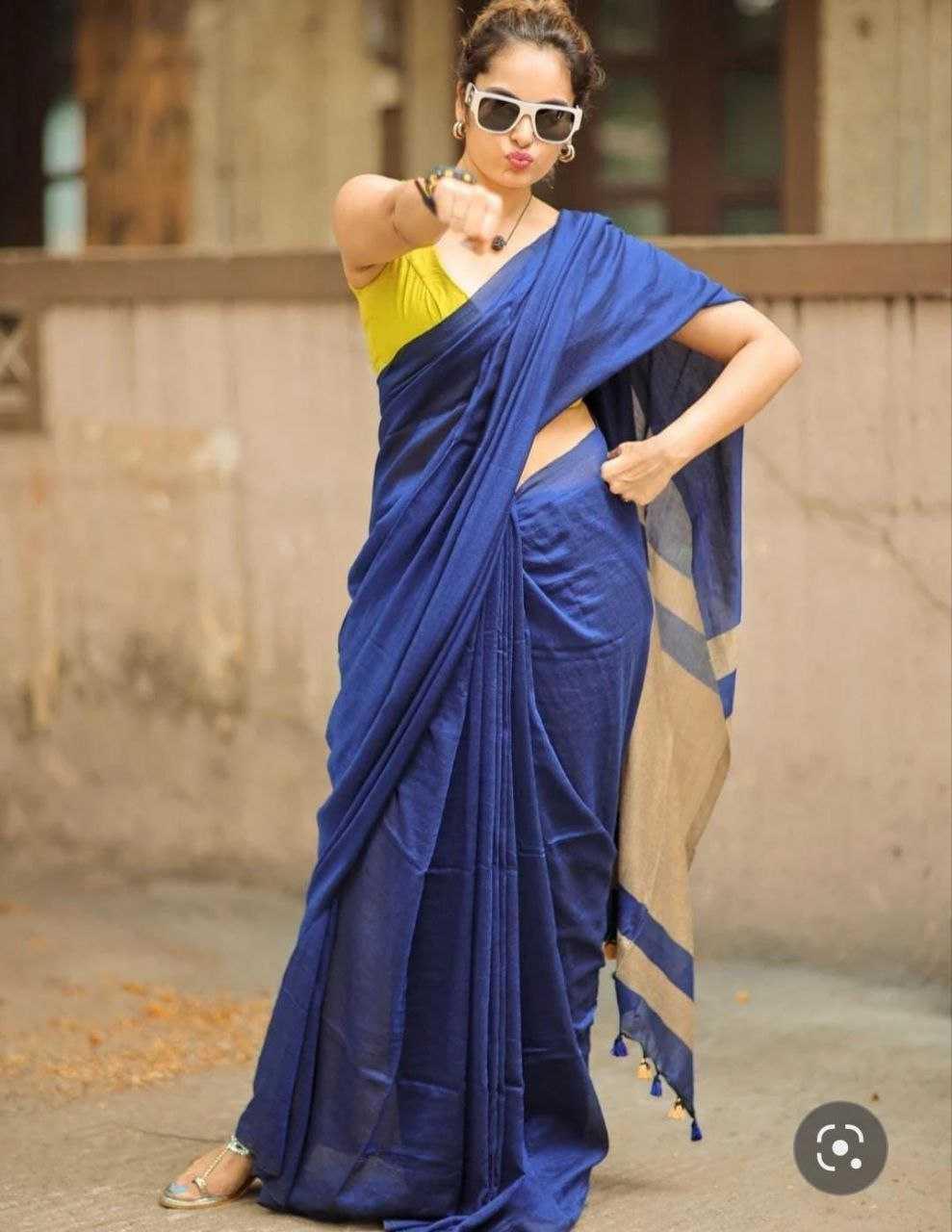 Deep Blue Pure Khadi Cotton Handloom Contrast Saree with Blouse | Modern Casual & Party Wear Saree - House of ViDi