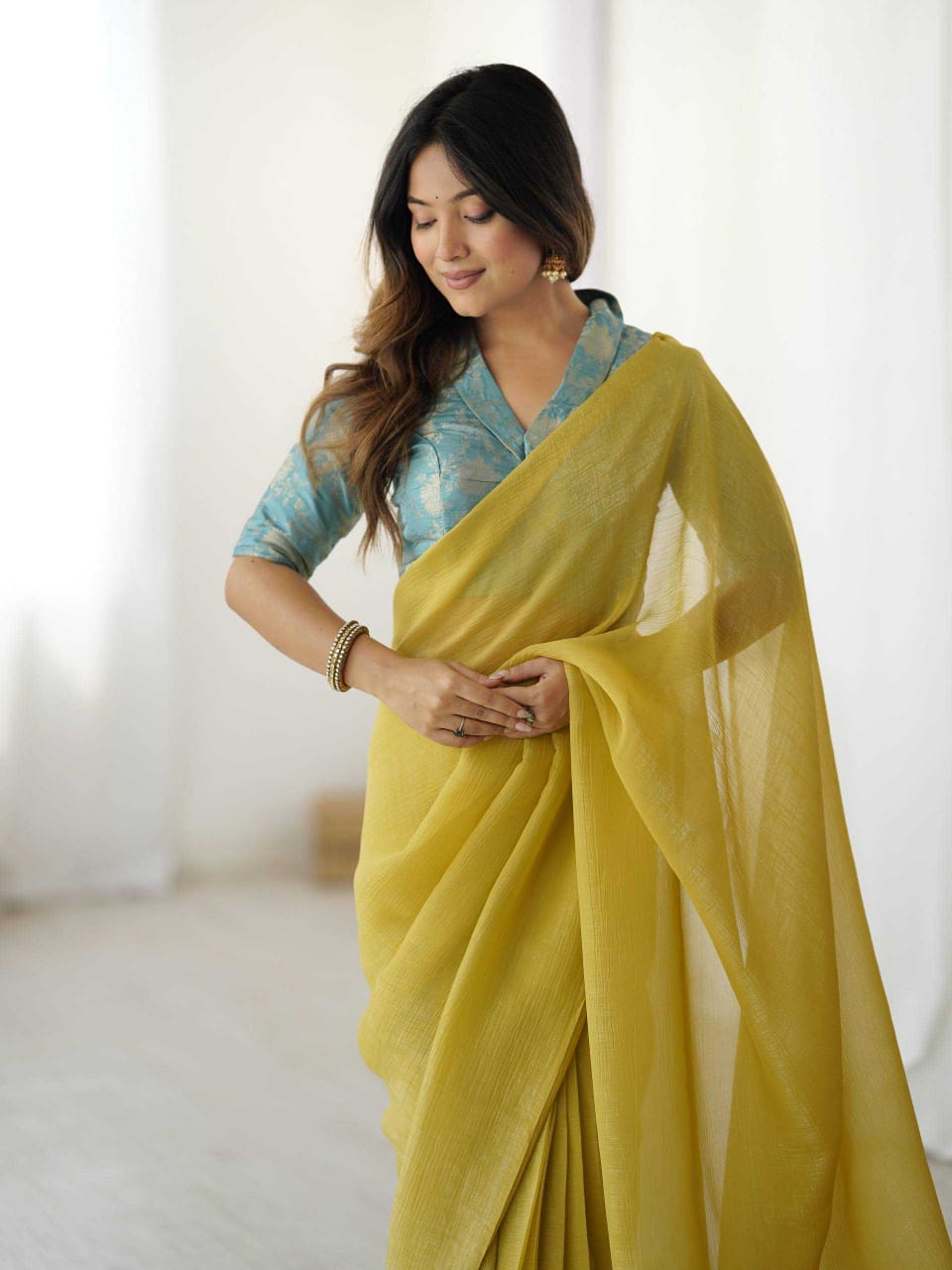 Sparkle Silk Ready-to-Wear Saree with Banarasi Silk Blouse – Elegant & Effortless Draping