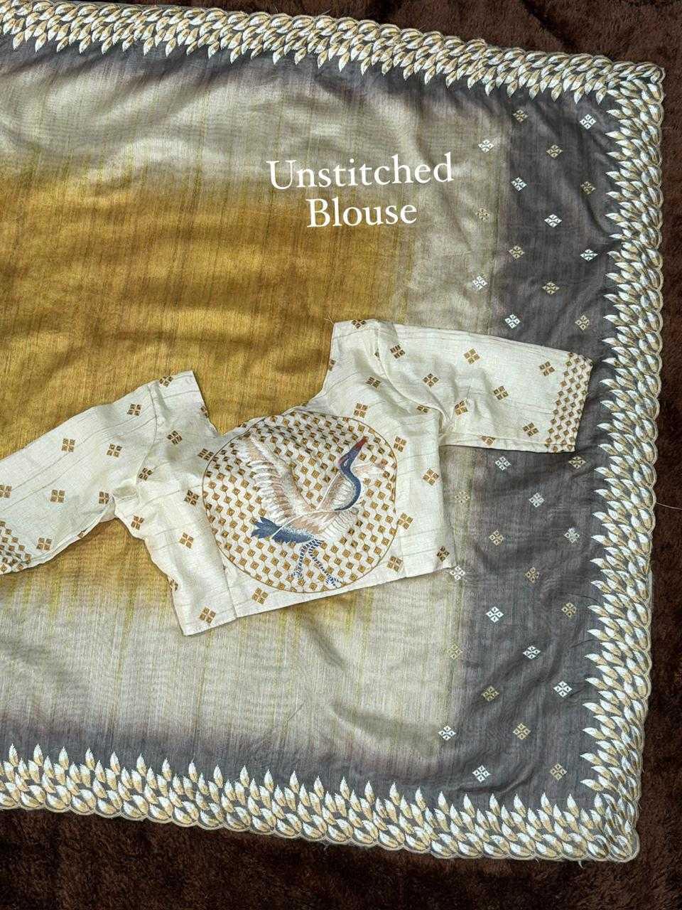 Gold Flamingo Embroidered Tussar Silk Designer Saree with Digital Print & Thread Work Blouse | House of ViDi - House of ViDi