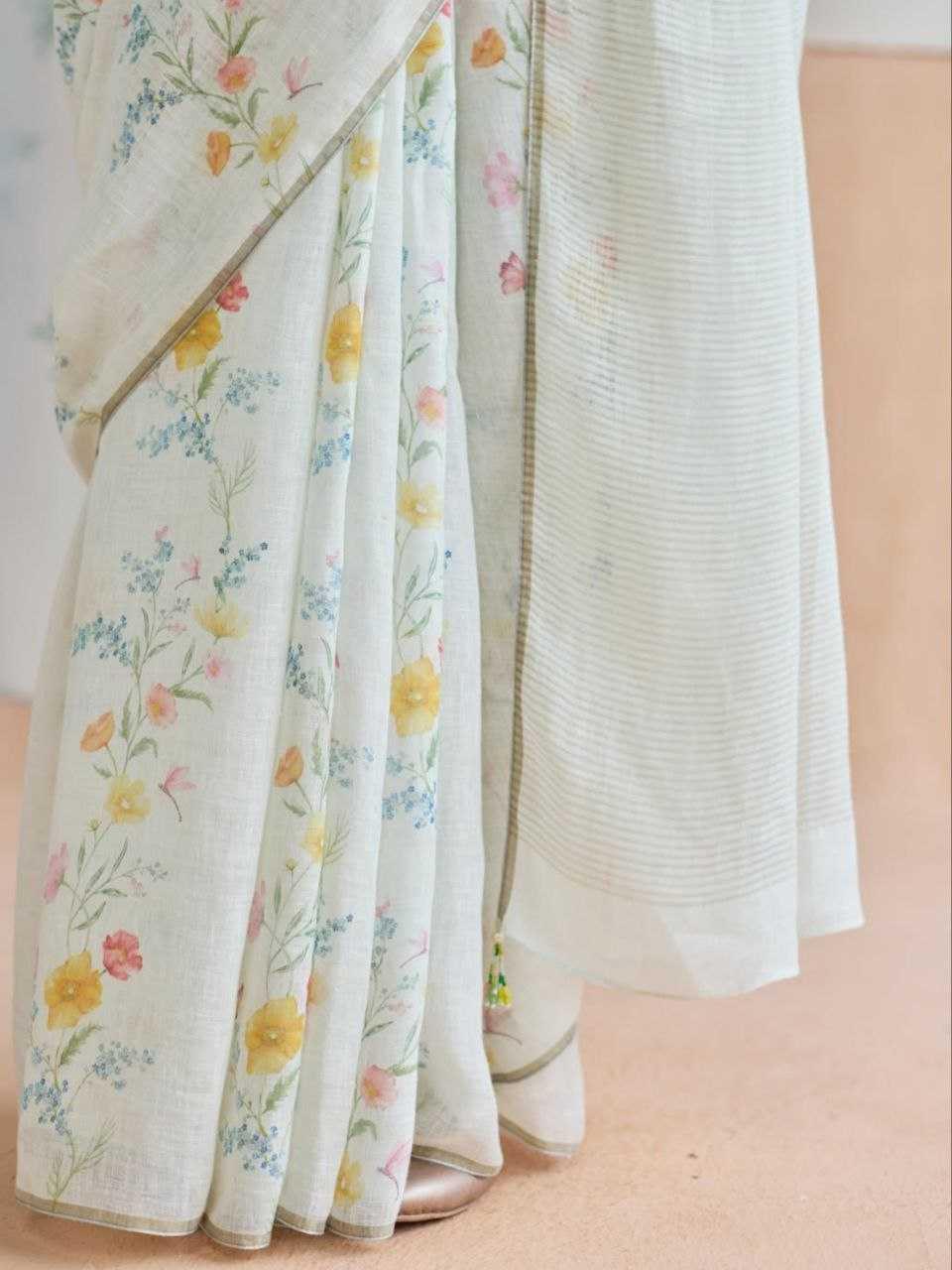 Mint Green Premium Linen Digital Print Designer Saree with Matching Blouse - House of ViDi