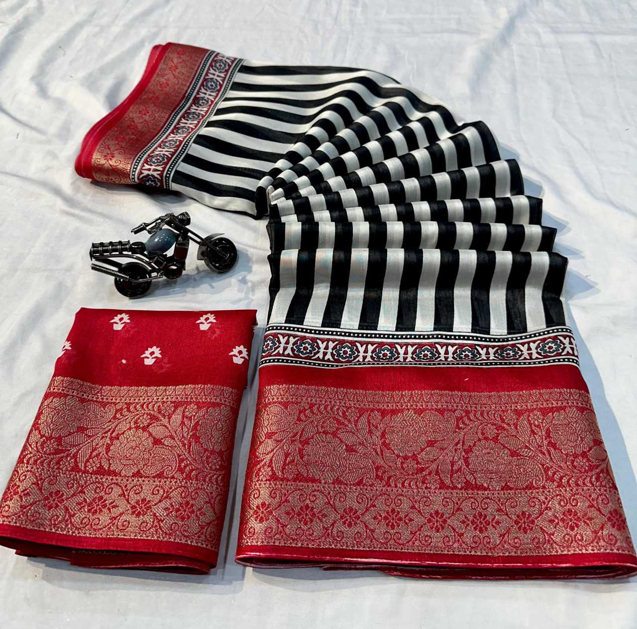 Red Soft Semi Dola Saree with Weaving Border & Contrast Blouse – Elegant Festive & Office Wear Saree