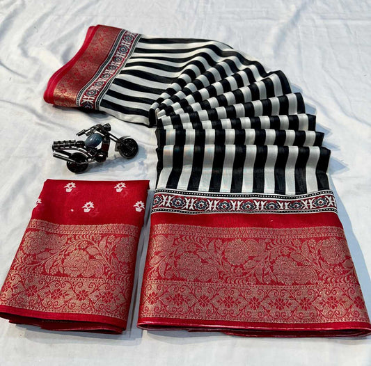 Red Soft Semi Dola Saree with Weaving Border & Contrast Blouse – Elegant Festive & Office Wear Saree