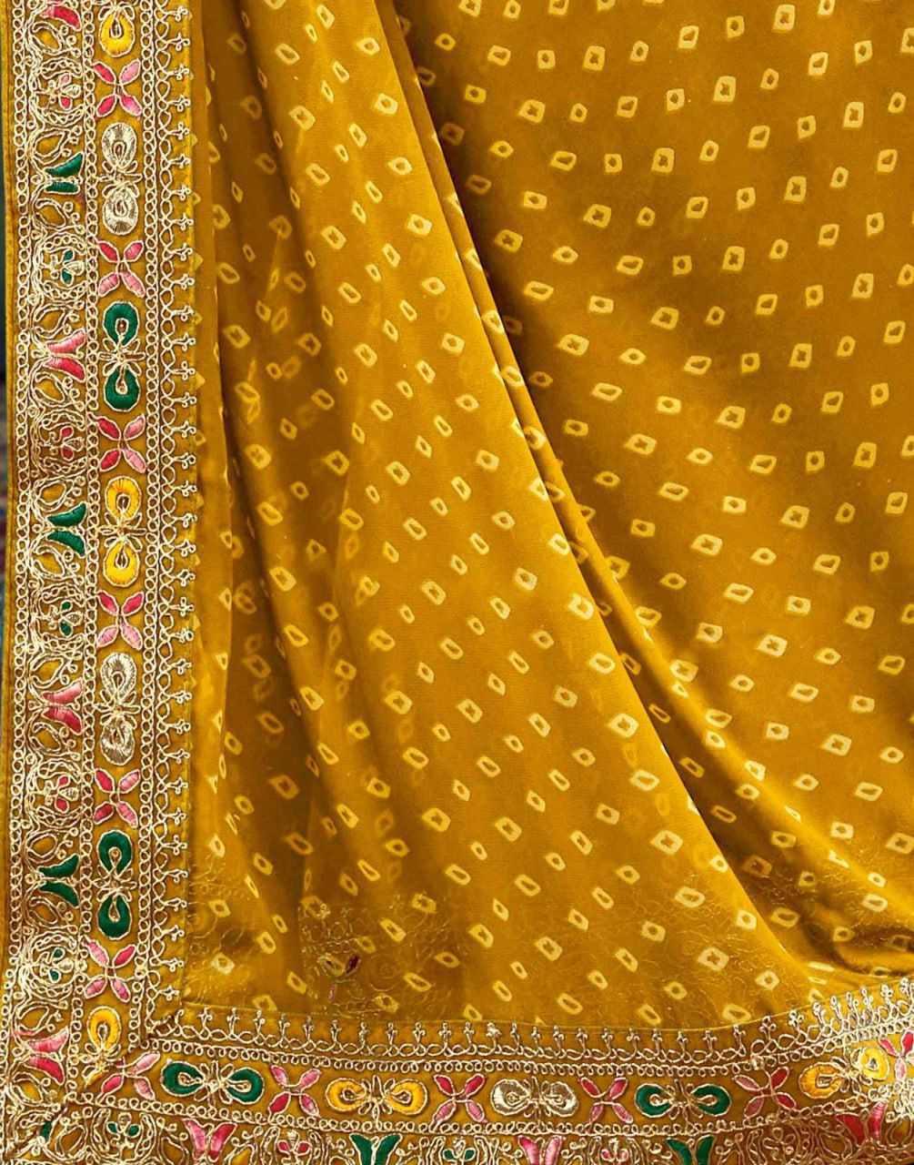 Yellow Printed Georgette Saree with Embroidery Lace Border & Designer Blouse - House of ViDi