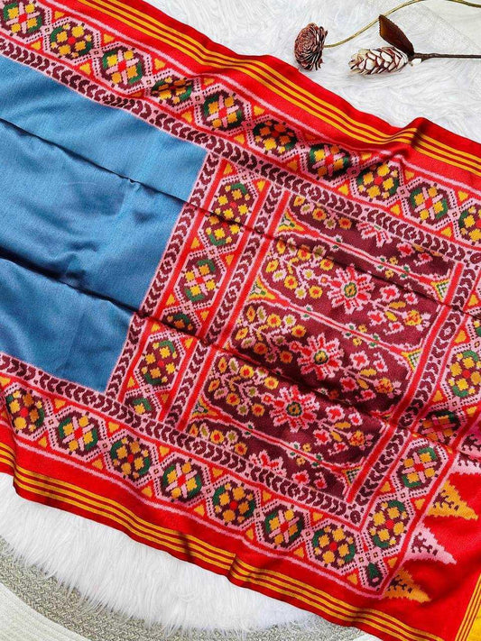 Firozi Pure Patola Silk Saree with Double Ikkat Print, Lagadi Pallu & Zari Border | Premium Soft Silk Saree - House of ViDi