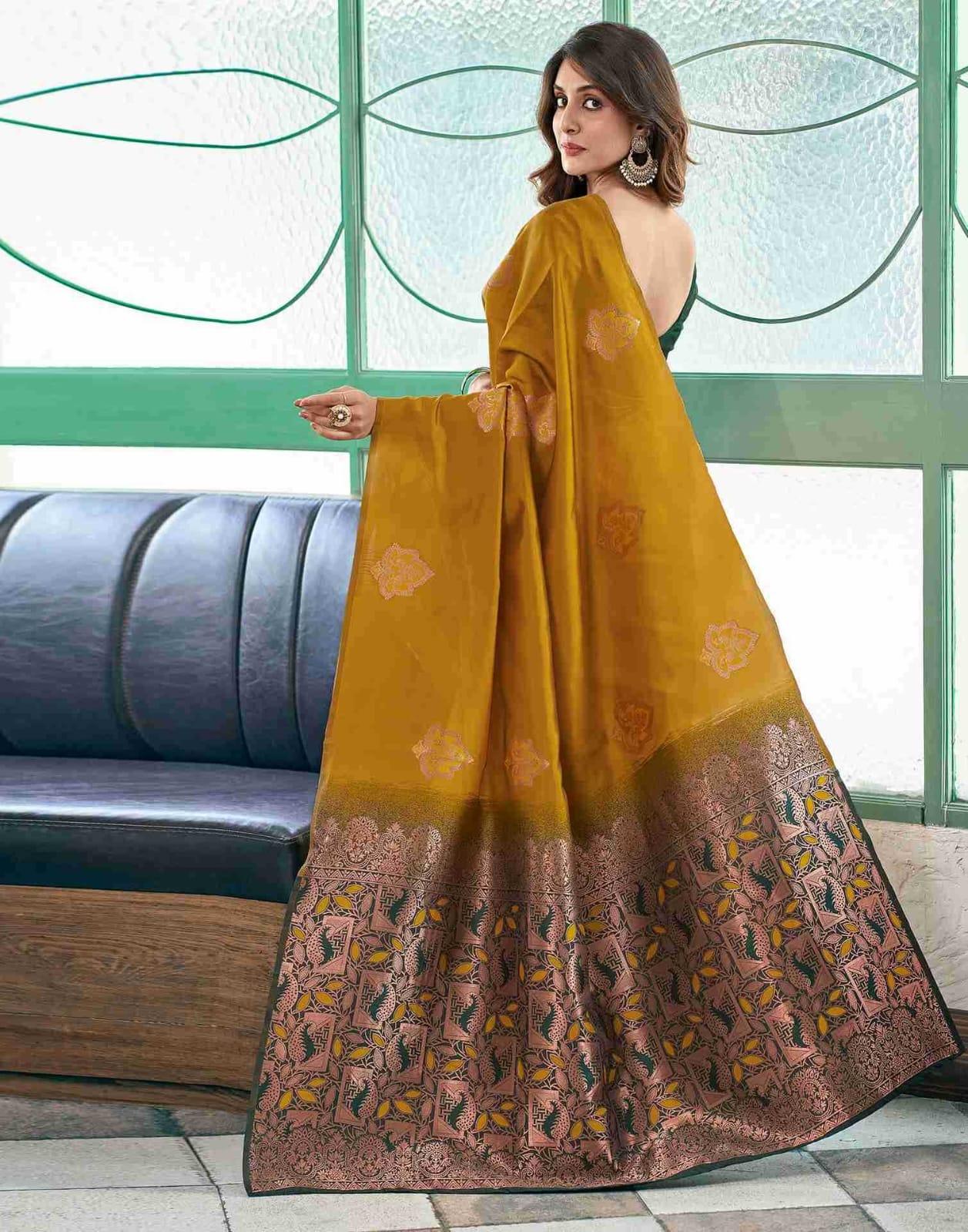 Mustard Yellow Premium Soft Silk Designer Saree with Zari Weaving & Copper-Green Pallu | Festive & Traditional Wear - House of ViDi