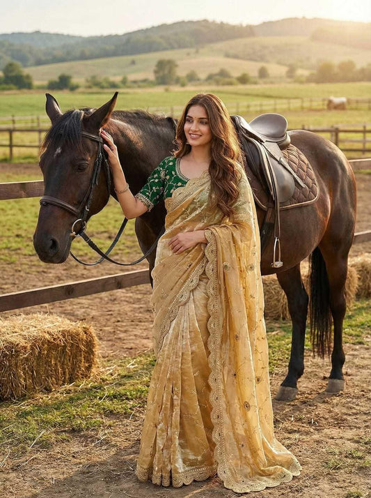 Yellow Fendy Satin Saree with Sequin Embroidery & Blouse - House of ViDi