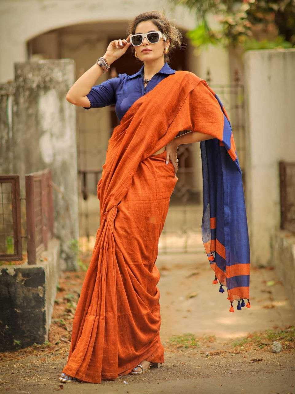 Orange Pure Khadi Cotton Handloom Contrast Saree with Blouse | Modern Casual & Party Wear Saree - House of ViDi