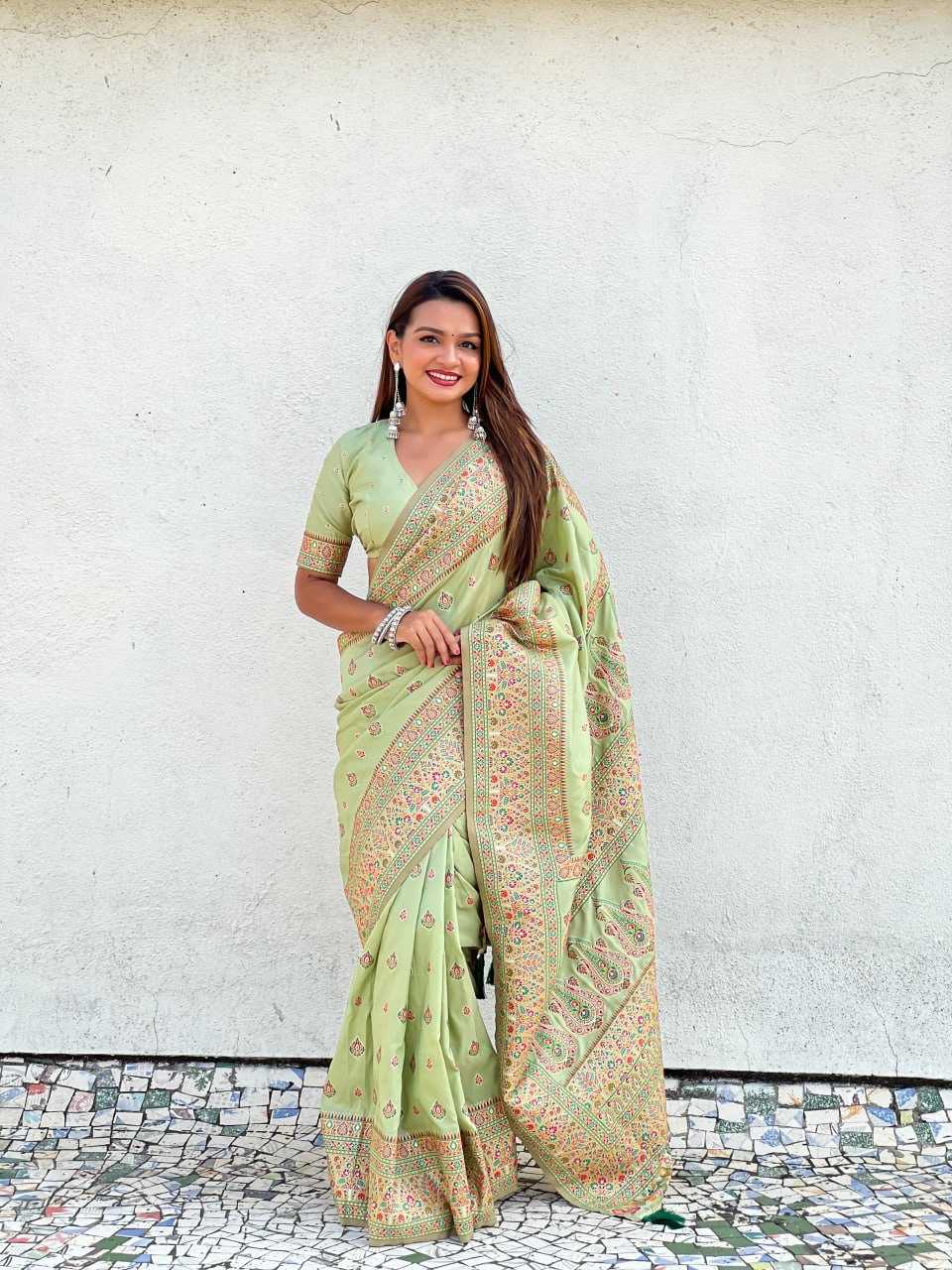 Luxury Pashmina Silk Saree with Golden Zari Work - Traditional Indian Wedding Saree with Unstitched Blouse Piece [Pista] - House of ViDi