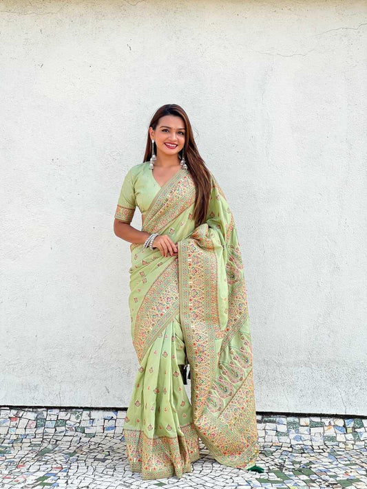Luxury Pashmina Silk Saree with Golden Zari Work - Traditional Indian Wedding Saree with Unstitched Blouse Piece [Pista] - House of ViDi