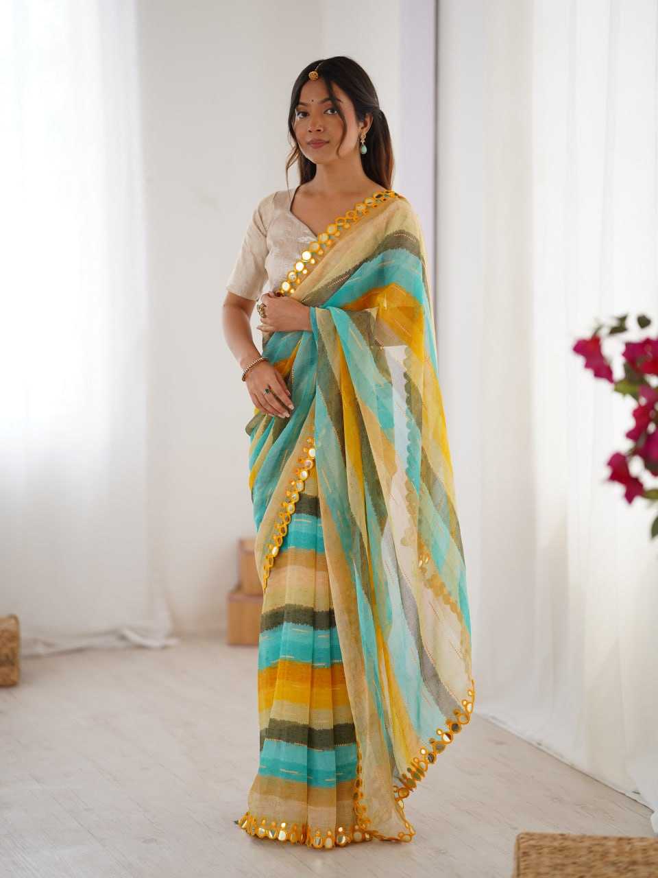 Yellow Heavy Marble Chiffon Lehriya Print Saree with Zari & Mirror Border – Elegant Festive & Party Wear Saree