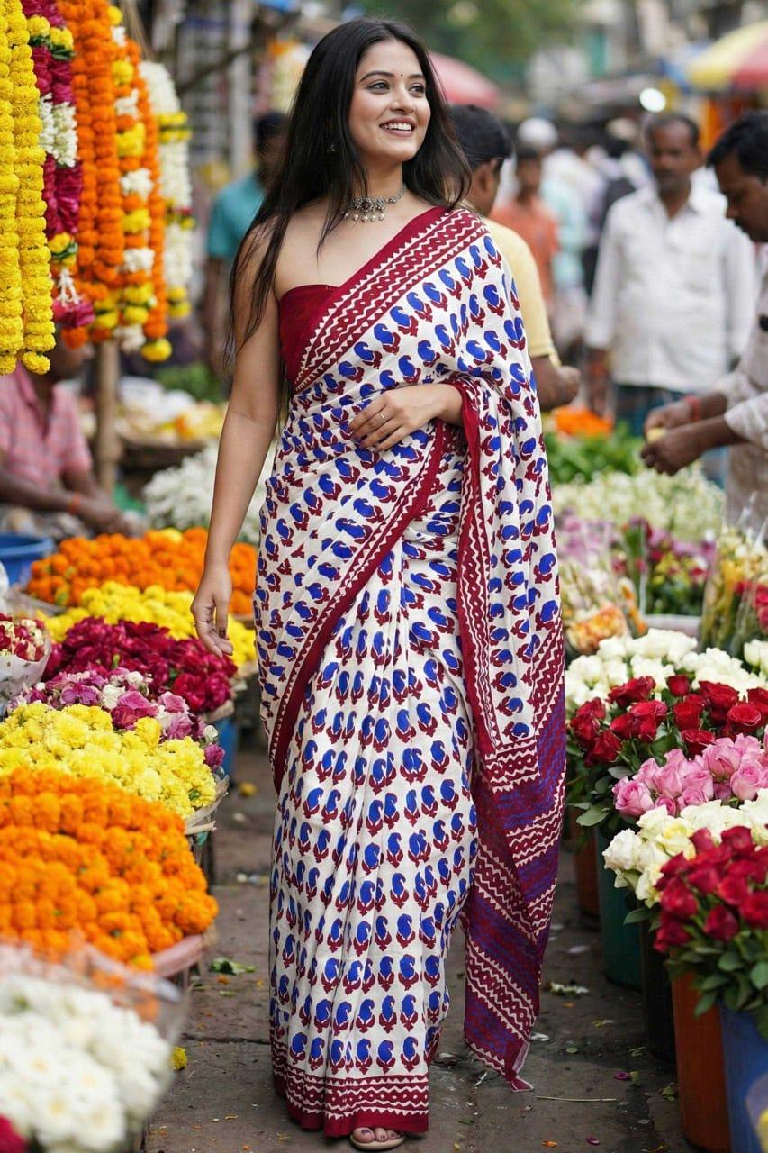 Blue Premium Ajrakh Block Print Mulmul Cotton Saree with Blouse - House of ViDi
