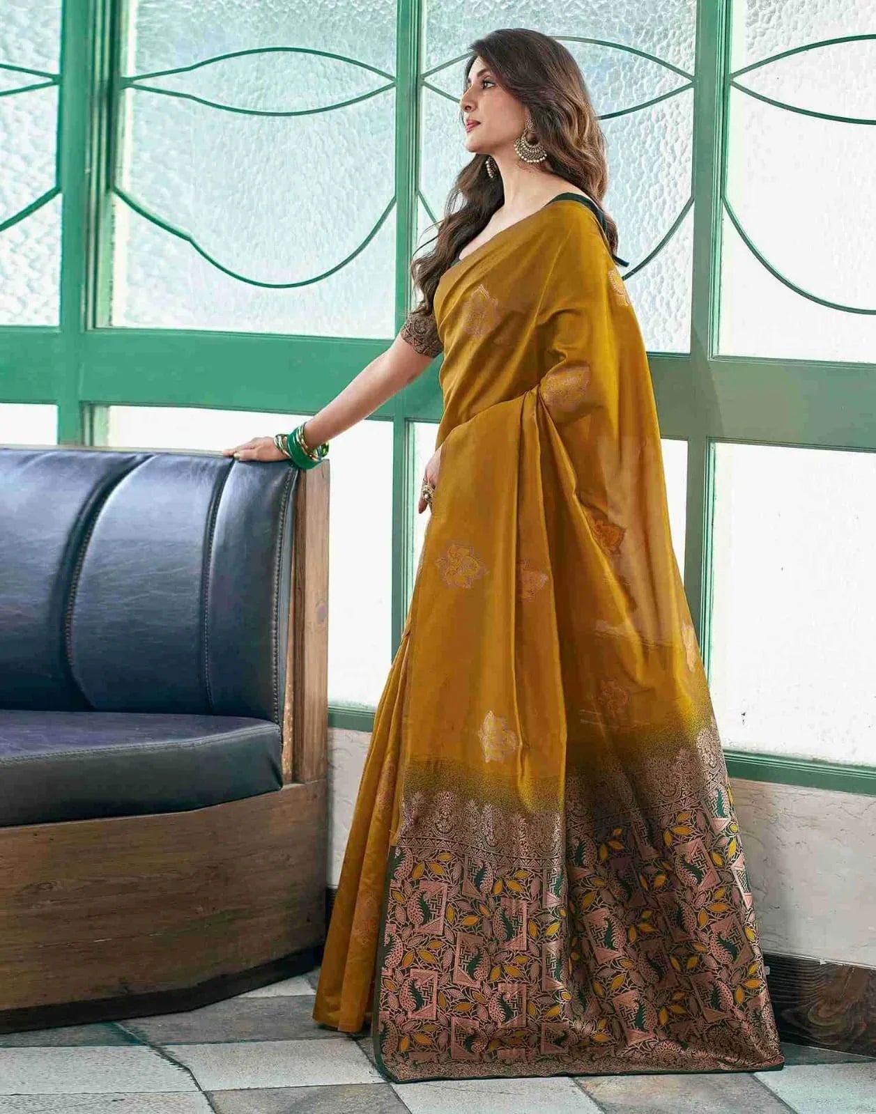 Mustard Yellow Premium Soft Silk Designer Saree with Zari Weaving & Copper-Green Pallu | Festive & Traditional Wear - House of ViDi
