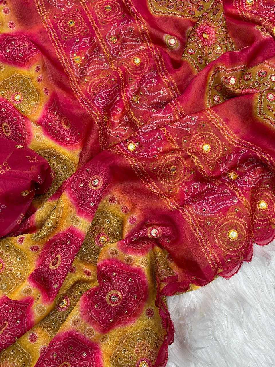 Designer Tabby Silk Digital Print Saree with Gota Handwork & Cutwork Border - House of ViDi