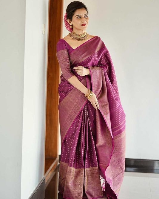 Purple Banarasi Soft Silk Saree with Copper Zari – Unstitched Jacquard Blouse - House of ViDi