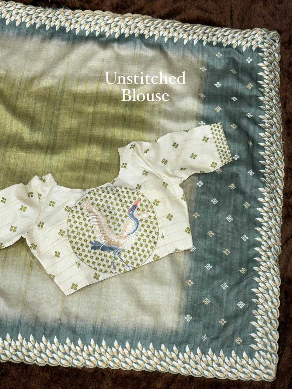 Mehndi Flamingo Embroidered Tussar Silk Designer Saree with Digital Print & Thread Work Blouse | House of ViDi