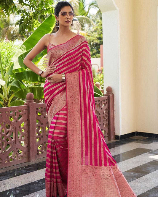 Banarasi Soft Silk Saree with Gold Zari Stripes & Jacquard Work - House of ViDi