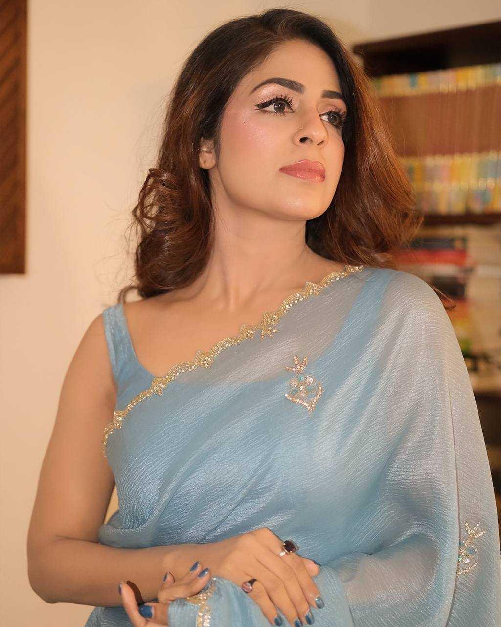 Blue Pixel Crush Saree with Katdana & Diamond Work - House of ViDi