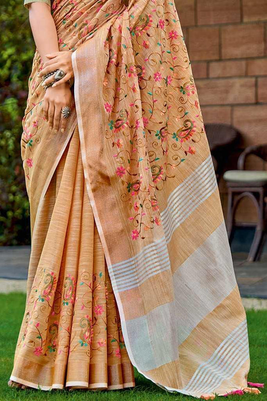 Orange Linen Saree with Kashmiri Embroidery & Matching Blouse | Designer Party Wear Saree - House of ViDi