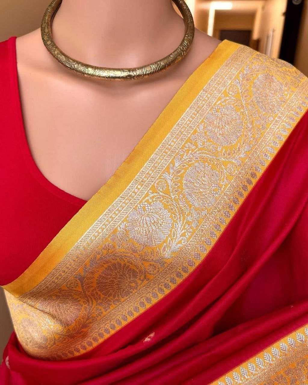 Burgundy Pure Soft Banarasi Silk Saree with Mina Work, Butti Weaving & Rich Contrast Border | Designer Party Wear Saree - House of ViDi