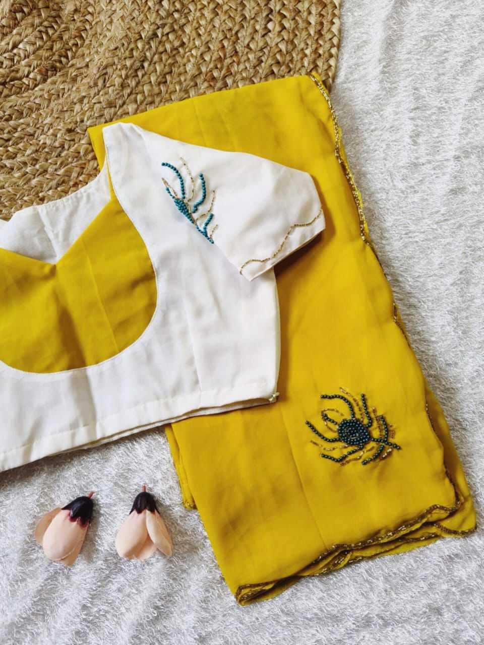 Faux Georgette Saree with Handworked Morpankh Motifs - House of ViDi