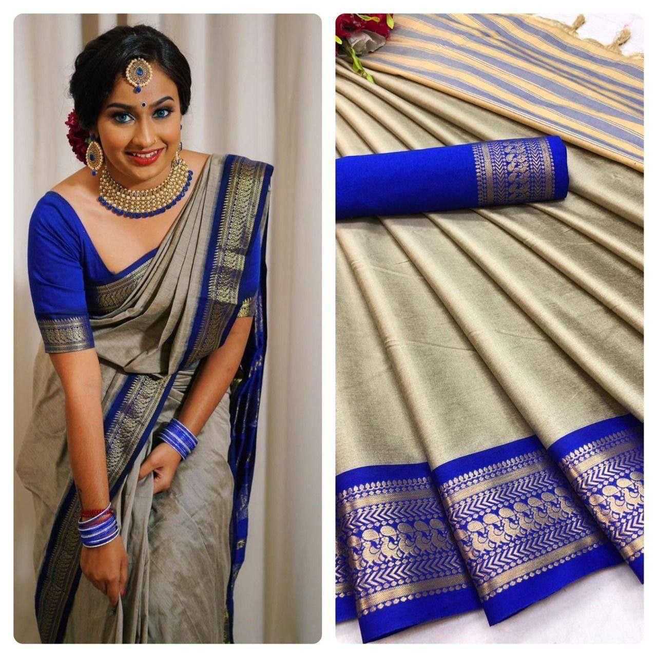 Pure Mercerised Cotton Silk Saree with Zari Border & Contrast Pallu – Ethereal Elegance with Unstitched Blouse [Blue Gem] - House of ViDi