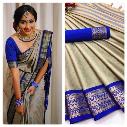 Pure Mercerised Cotton Silk Saree with Zari Border & Contrast Pallu – Ethereal Elegance with Unstitched Blouse [Blue Gem] - House of ViDi
