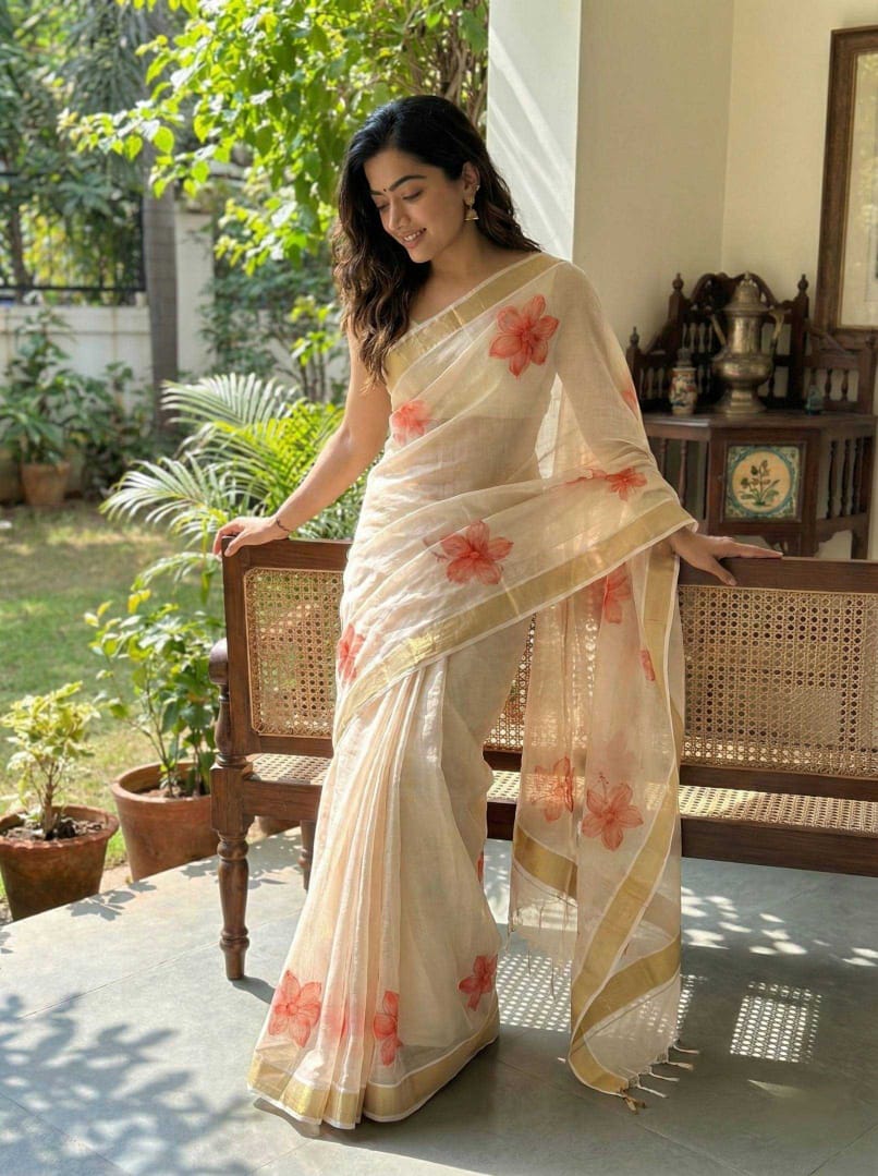 Rashmika Mandanna–Inspired Soft Banarasi Tissue Silk Saree with Zari & Thread Work | Designer Saree with Blouse [Golden Beige]
