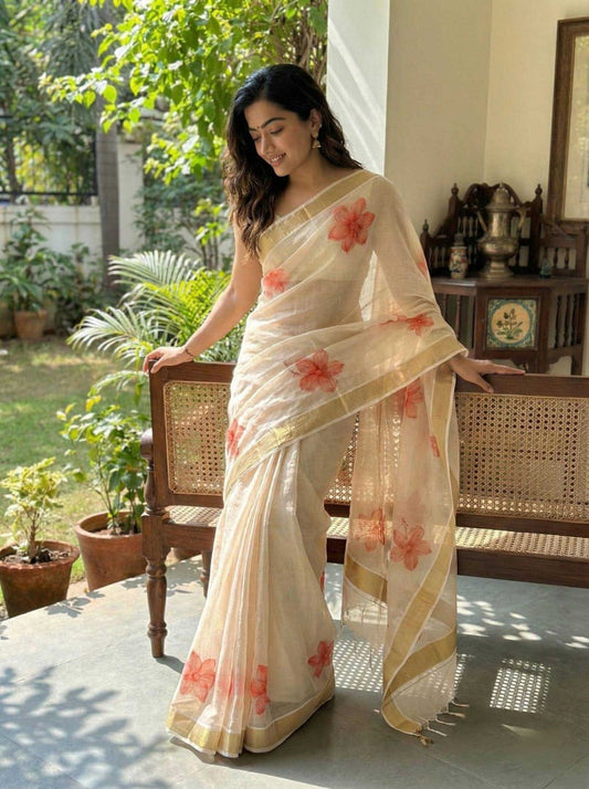 Rashmika Mandanna–Inspired Soft Banarasi Tissue Silk Saree with Zari & Thread Work | Designer Saree with Blouse [Golden Beige]
