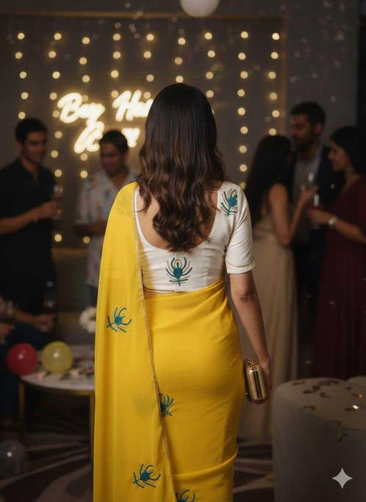 Faux Georgette Saree with Handworked Morpankh Motifs - House of ViDi