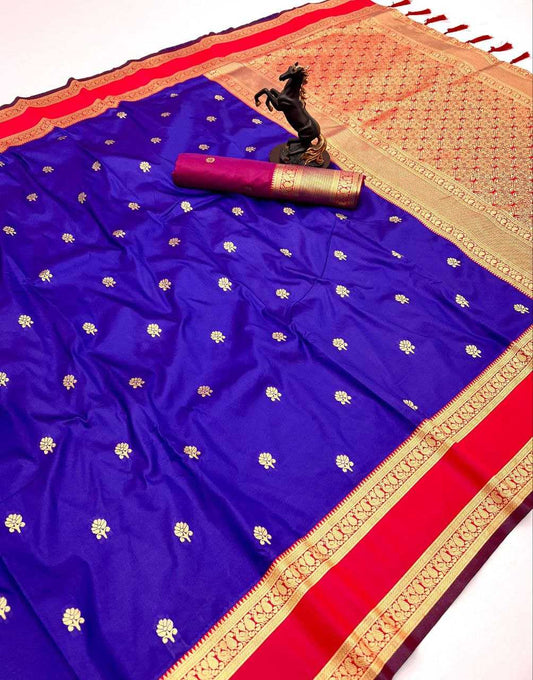 Blue Premium Soft Silk Kanjeevaram Saree with Dual Zari Butta, Rich Woven Pallu & Designer Silk Blouse
