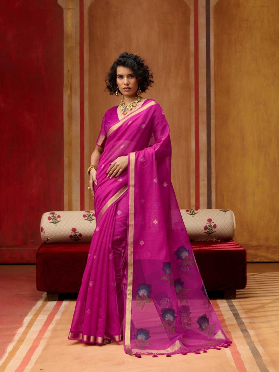 Pink Handloom Silk Saree with Organza Pallu & Woven Design - House of ViDi