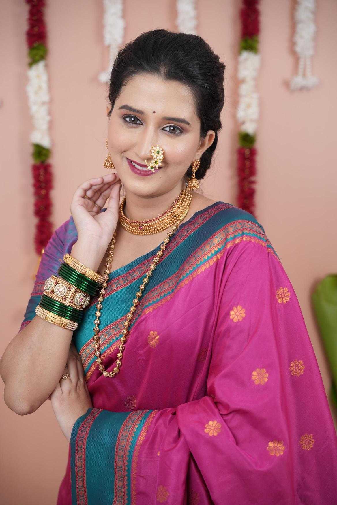 Narayanpet Soft Silk Saree with Zari Motifs & Contrast Pallu – Narayan Border & Contrast Blouse [Rani] - House of ViDi