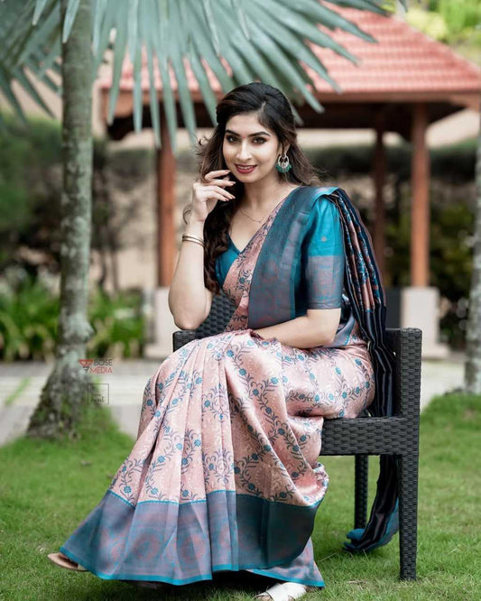 Banarasi Soft Lichi Silk Saree with Jacquard Weaving & Rich Pallu – Elegant Festive & Party Wear Drape [Dusty Rose] - House of ViDi