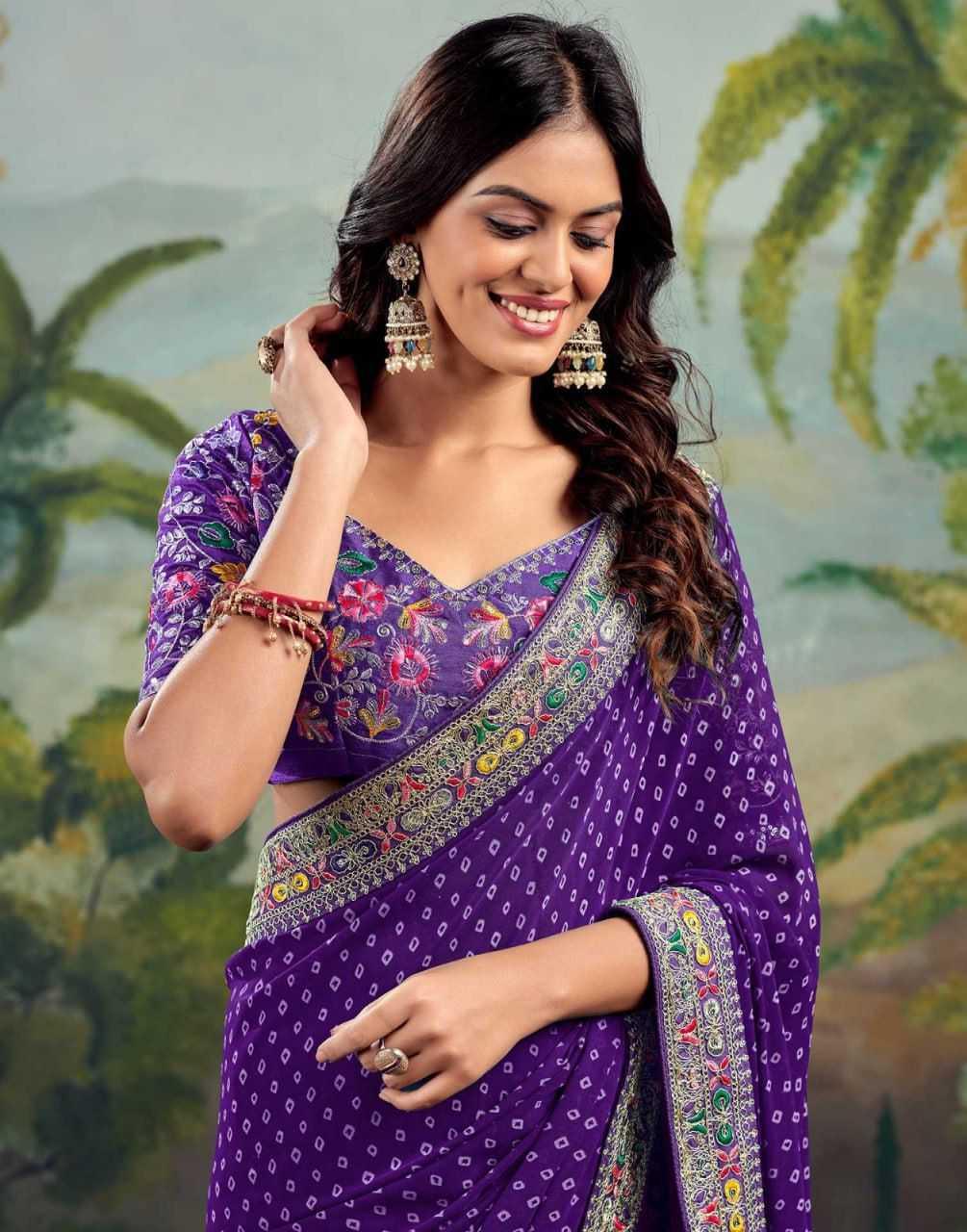 Purple Printed Georgette Saree with Embroidery Lace Border & Designer Blouse - House of ViDi