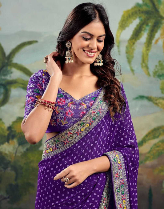 Purple Printed Georgette Saree with Embroidery Lace Border & Designer Blouse