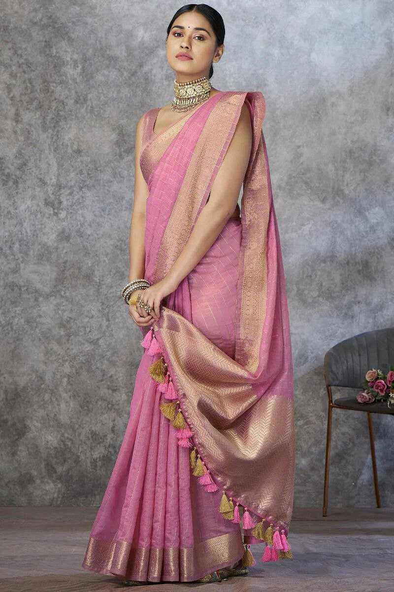 Light Pink Pure Khadi Cotton Handloom Saree with Rich Pallu & Tassel Detailing | Designer Traditional Saree - House of ViDi