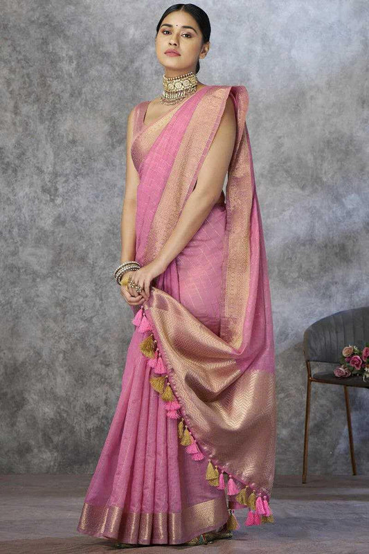 Light Pink Pure Khadi Cotton Handloom Saree with Rich Pallu & Tassel Detailing | Designer Traditional Saree - House of ViDi