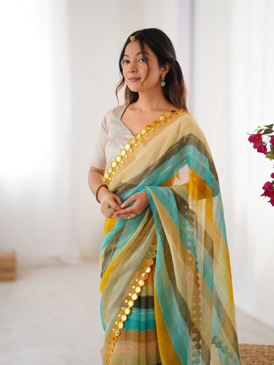 Yellow Heavy Marble Chiffon Lehriya Print Saree with Zari & Mirror Border – Elegant Festive & Party Wear Saree
