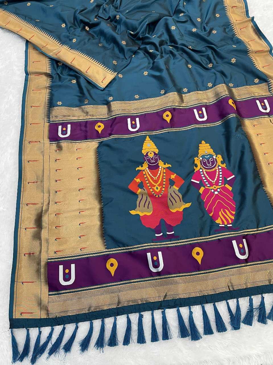 Vitthala Paithani Silk Saree with Muniya Border & Brocade Blouse – Traditional Wedding & Festive Wear [Teal Green] - House of ViDi