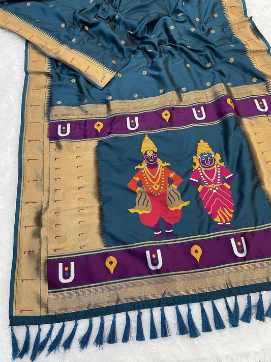 Vitthala Paithani Silk Saree with Muniya Border & Brocade Blouse – Traditional Wedding & Festive Wear [Teal Green] - House of ViDi