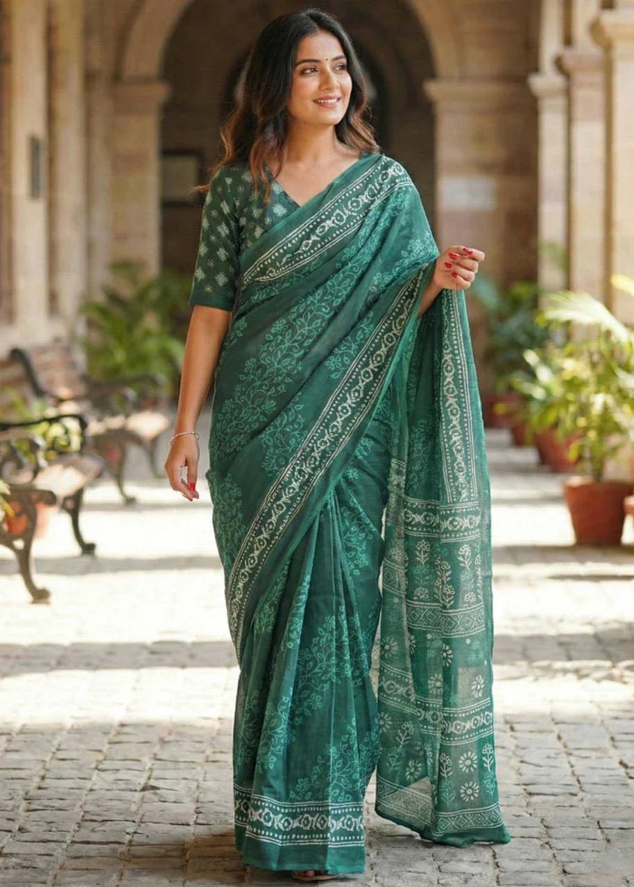 Green Pure Cotton Hand Block Print Bagru Saree with Blouse - House of ViDi